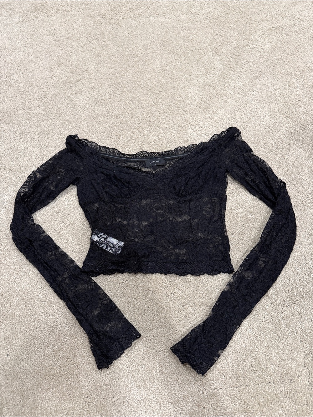 Off-Shoulder Black Lace Long-Sleeve Crop Top
